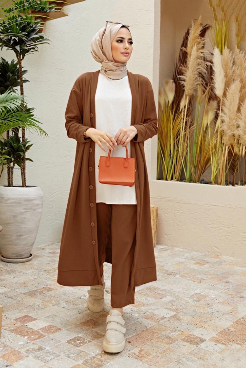 Tesettür giyim TABA DÜĞMELİ İKİLİ PANT. TAKIM 7503 