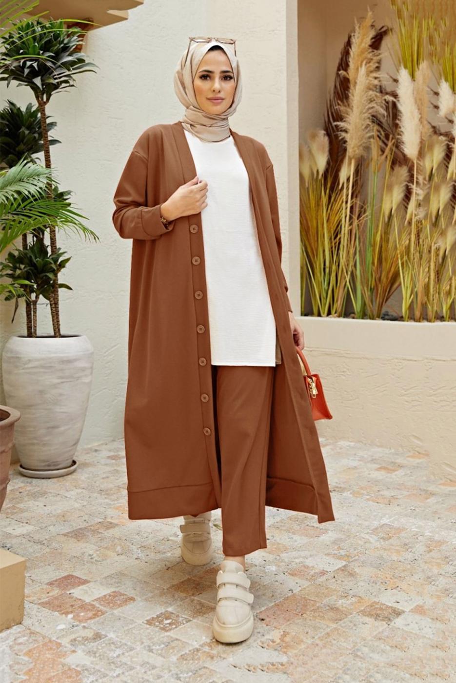 Tesettür giyim TABA DÜĞMELİ İKİLİ PANT. TAKIM 7503 
