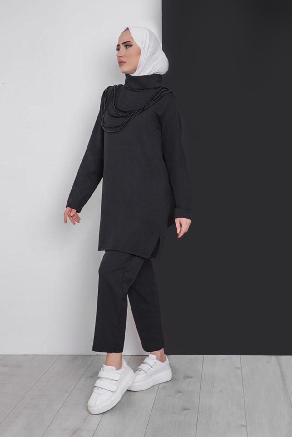Hijab clothing BLACK COWL NECK 2-PIECE SUIT WITH PANTS 7586 