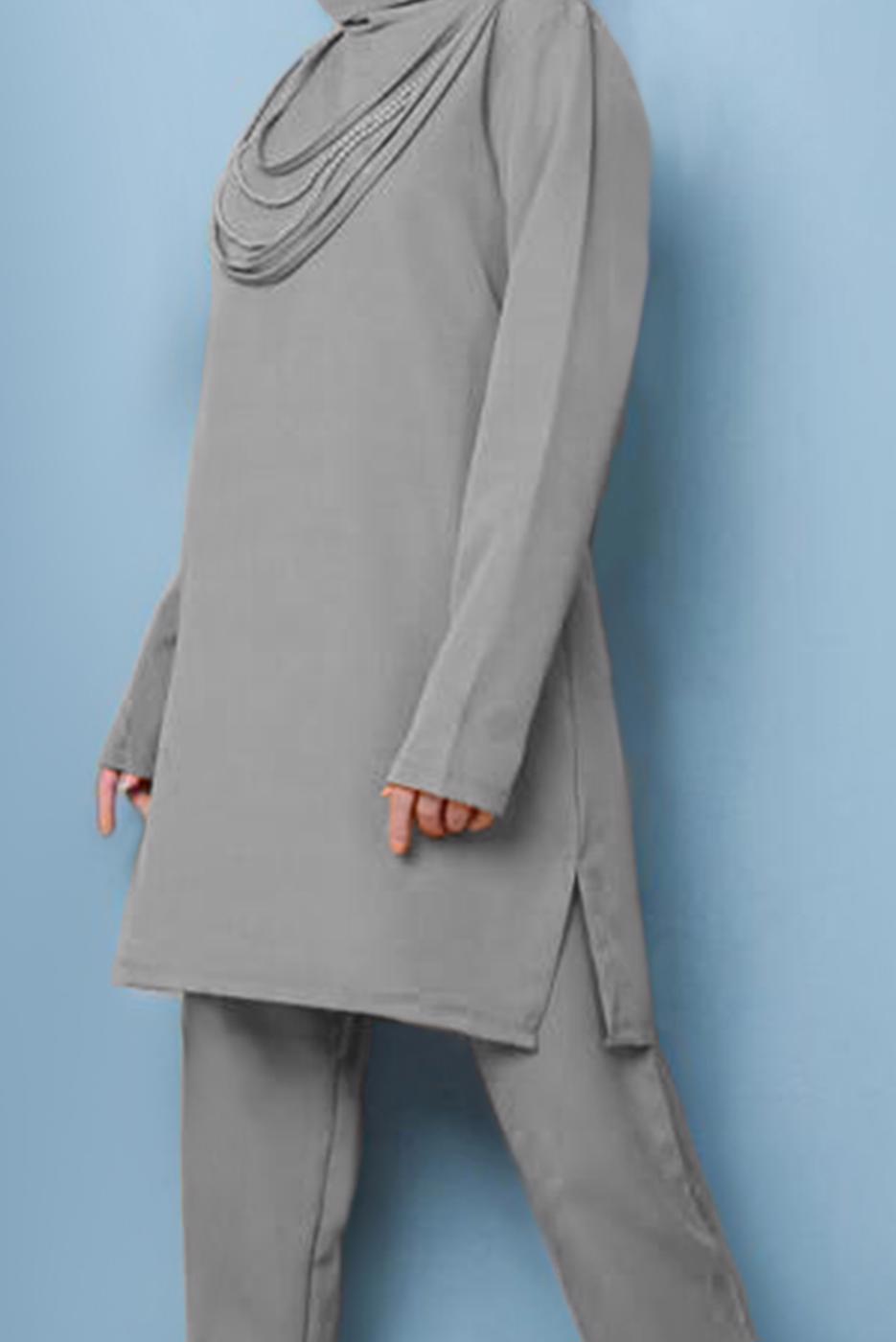 Tesettür giyim GRİ DEGAJE YAKA İKİLİ PANT. TAKIM 7586 