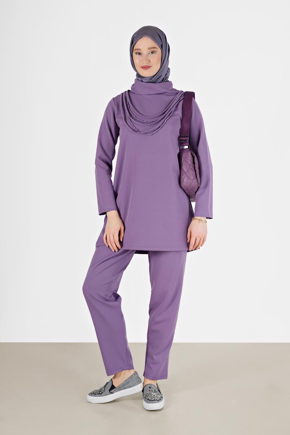 Tesettür giyim MOR DEGAJE YAKA İKİLİ PANT. TAKIM 7586 