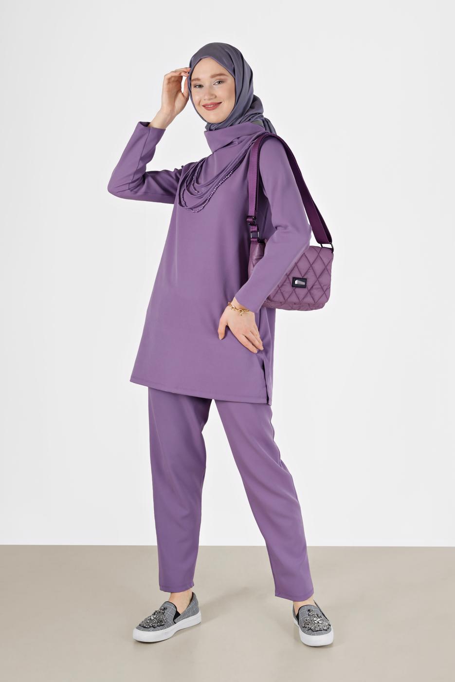 Tesettür giyim MOR DEGAJE YAKA İKİLİ PANT. TAKIM 7586 