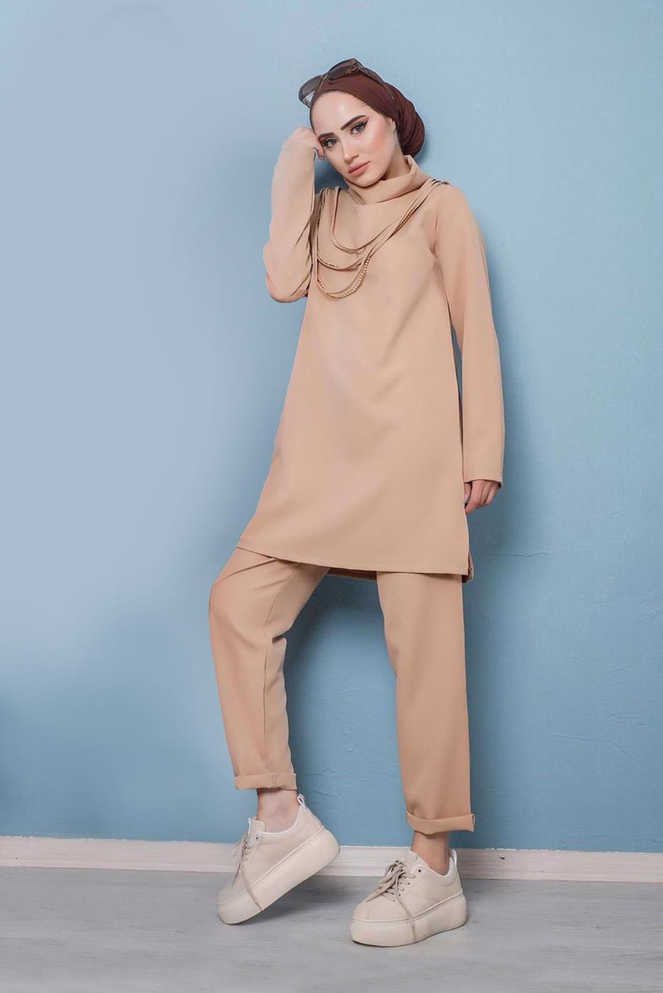 Tesettür giyim KAHVE DEGAJE YAKA İKİLİ PANT. TAKIM 7586 