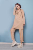 Tesettür giyim KAHVE DEGAJE YAKA İKİLİ PANT. TAKIM 7586 