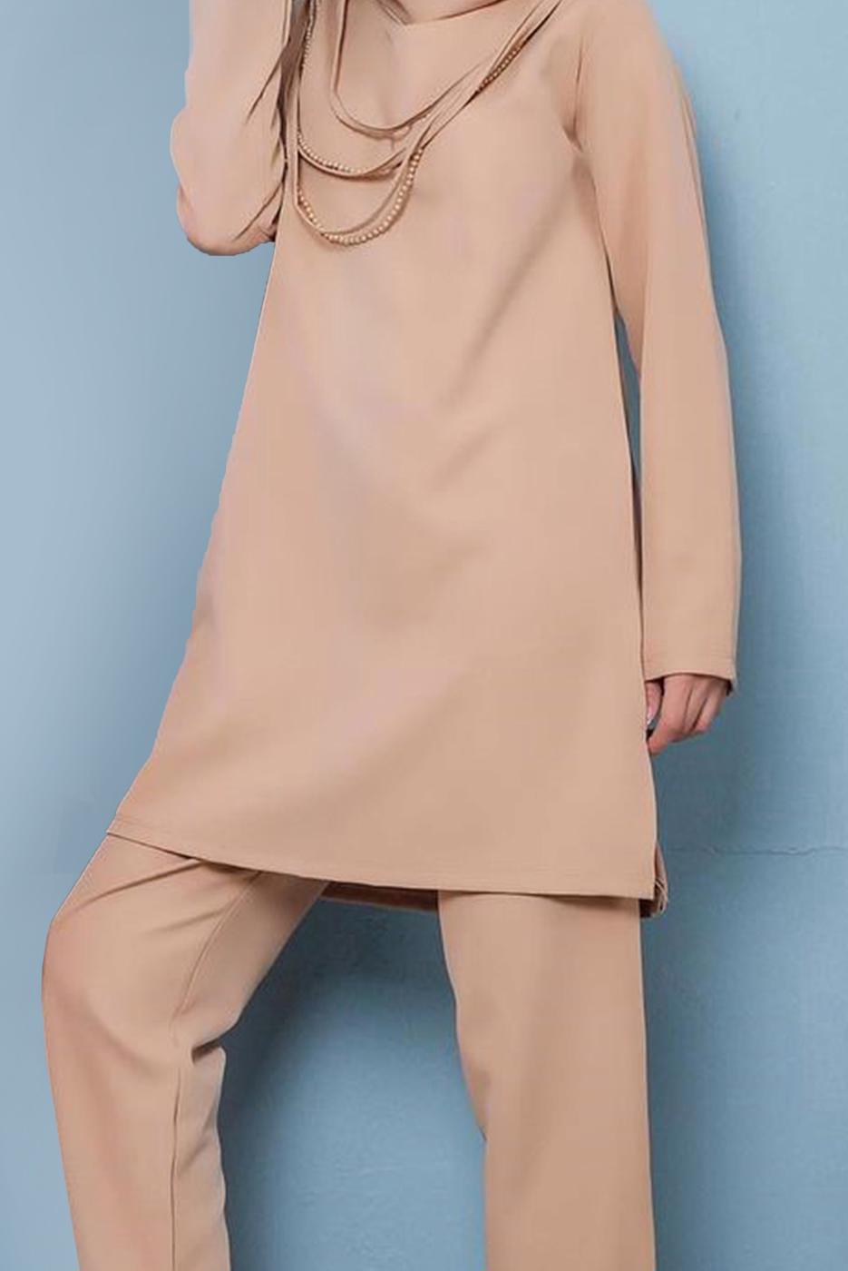 Tesettür giyim KAHVE DEGAJE YAKA İKİLİ PANT. TAKIM 7586 