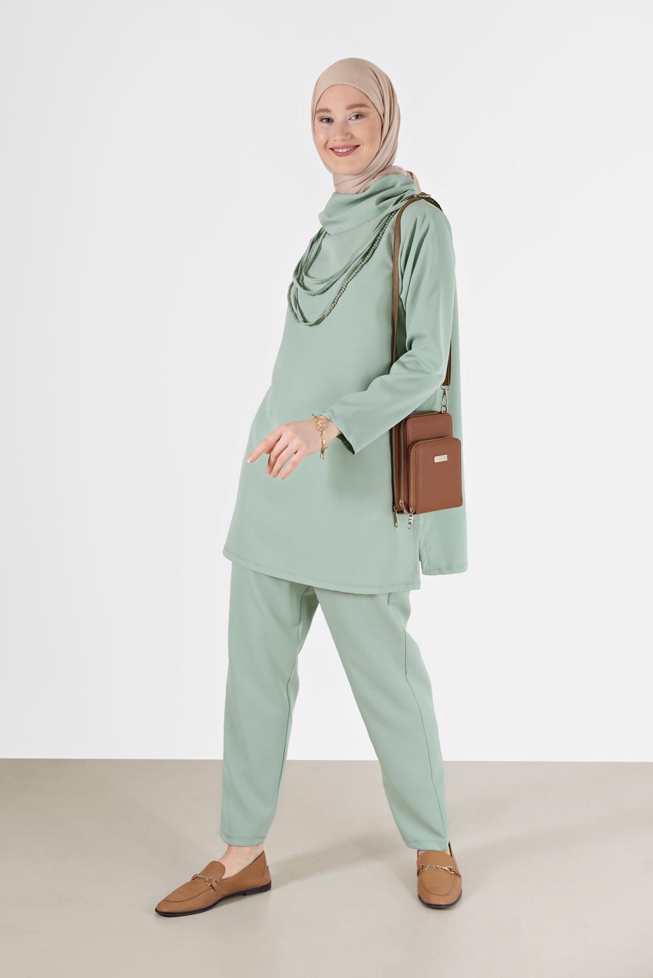Tesettür giyim YEŞİL DEGAJE YAKA İKİLİ PANT. TAKIM 7586 