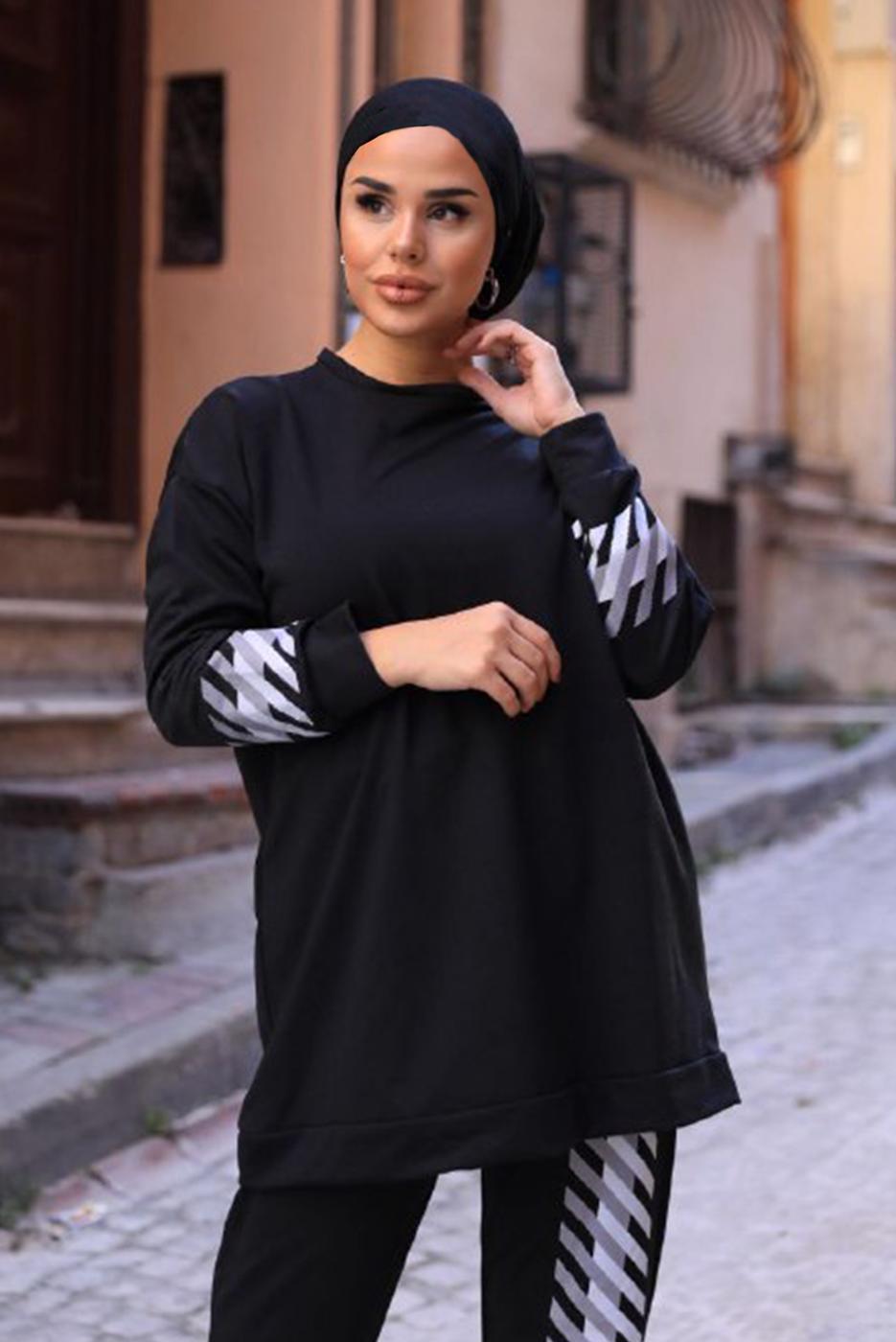 Hijab clothing BLACK PRINT DETAIL 2-PIECE SUIT WITH PANTS 8107 