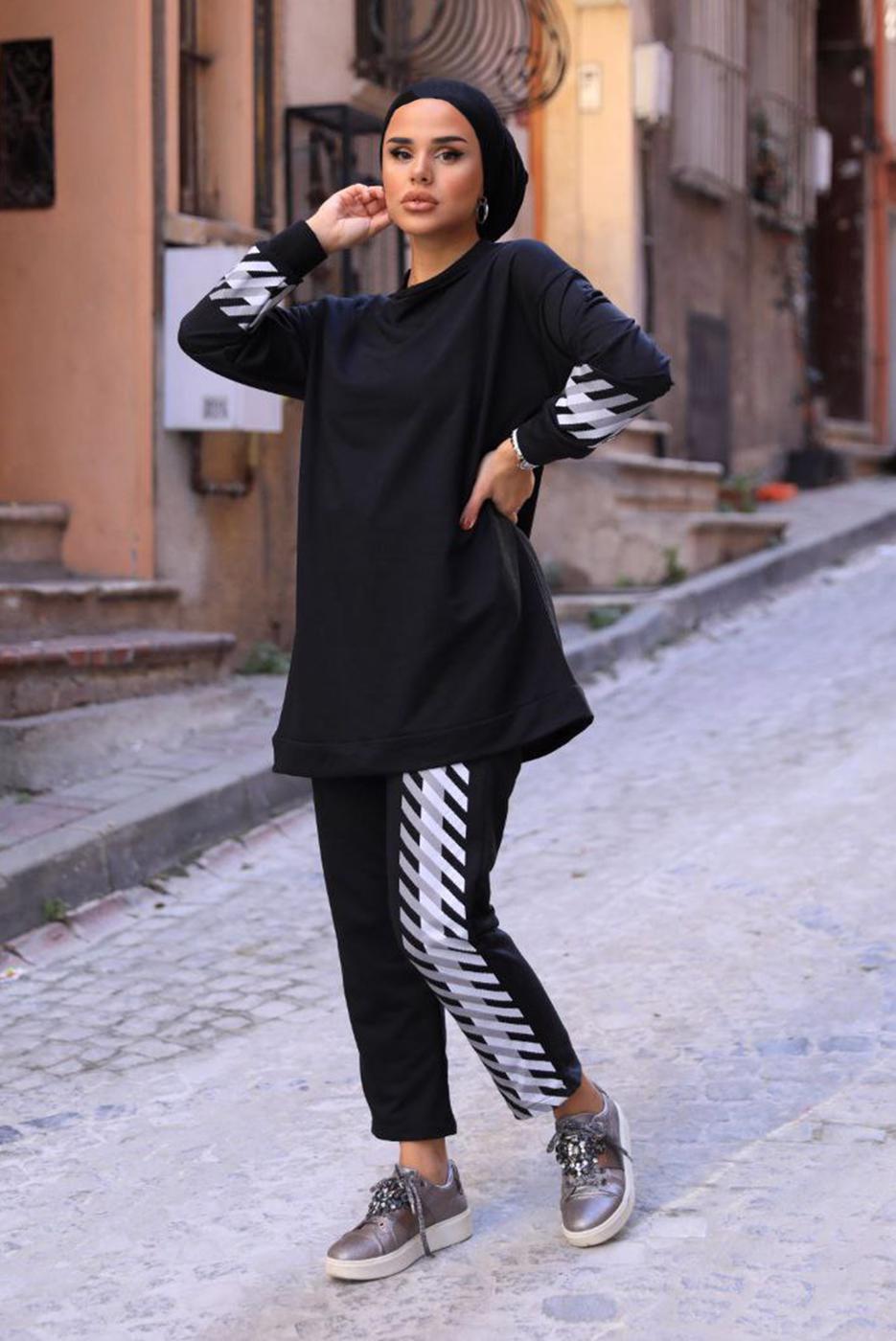 Hijab clothing BLACK PRINT DETAIL 2-PIECE SUIT WITH PANTS 8107 