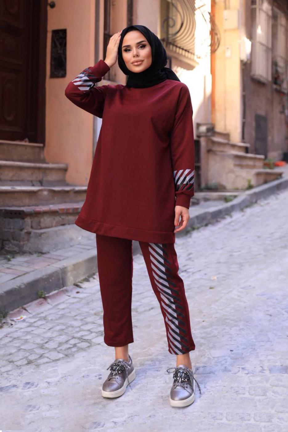 Hijab clothing CLARET RED PRINT DETAIL 2-PIECE SUIT WITH PANTS 8107 