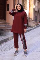 Hijab clothing CLARET RED PRINT DETAIL 2-PIECE SUIT WITH PANTS 8107 