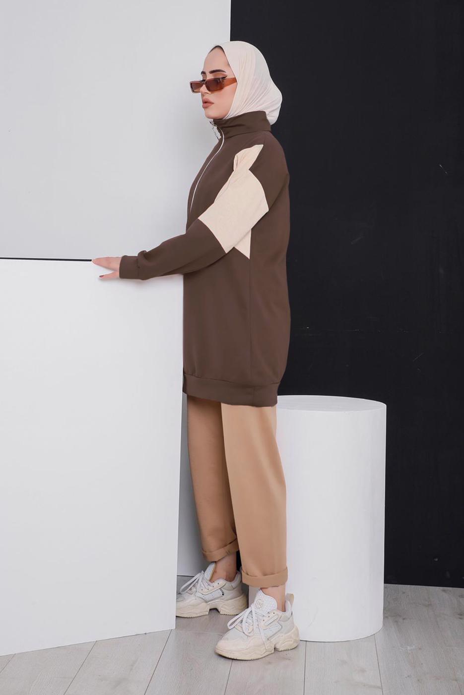 Tesettür giyim KAHVE FERMUAR DETAYLI İKİLİ PANT. EŞOFMAN TAKIM 8186 