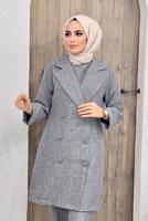 Tesettür giyim GRİ DÜĞME DETAYLI KRUVAZE YAKA İKİLİ PANT. TAKIM 8320 