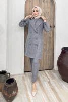 Tesettür giyim GRİ DÜĞME DETAYLI KRUVAZE YAKA İKİLİ PANT. TAKIM 8320 