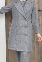 Tesettür giyim GRİ DÜĞME DETAYLI KRUVAZE YAKA İKİLİ PANT. TAKIM 8320 