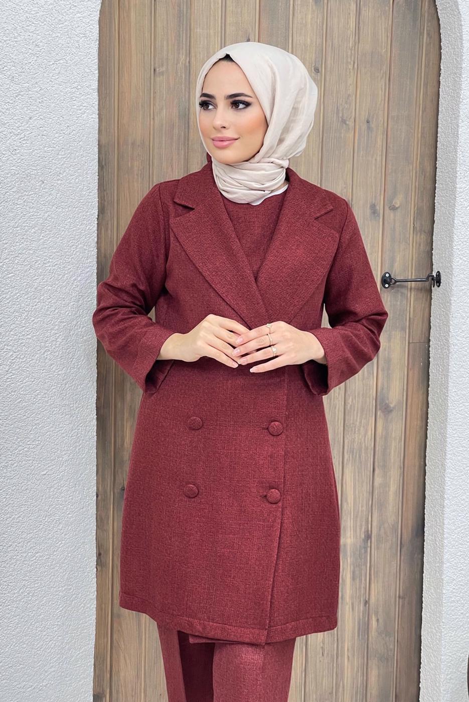 Tesettür giyim BORDO DÜĞME DETAYLI KRUVAZE YAKA İKİLİ PANT. TAKIM 8320 