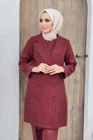 Tesettür giyim BORDO DÜĞME DETAYLI KRUVAZE YAKA İKİLİ PANT. TAKIM 8320 