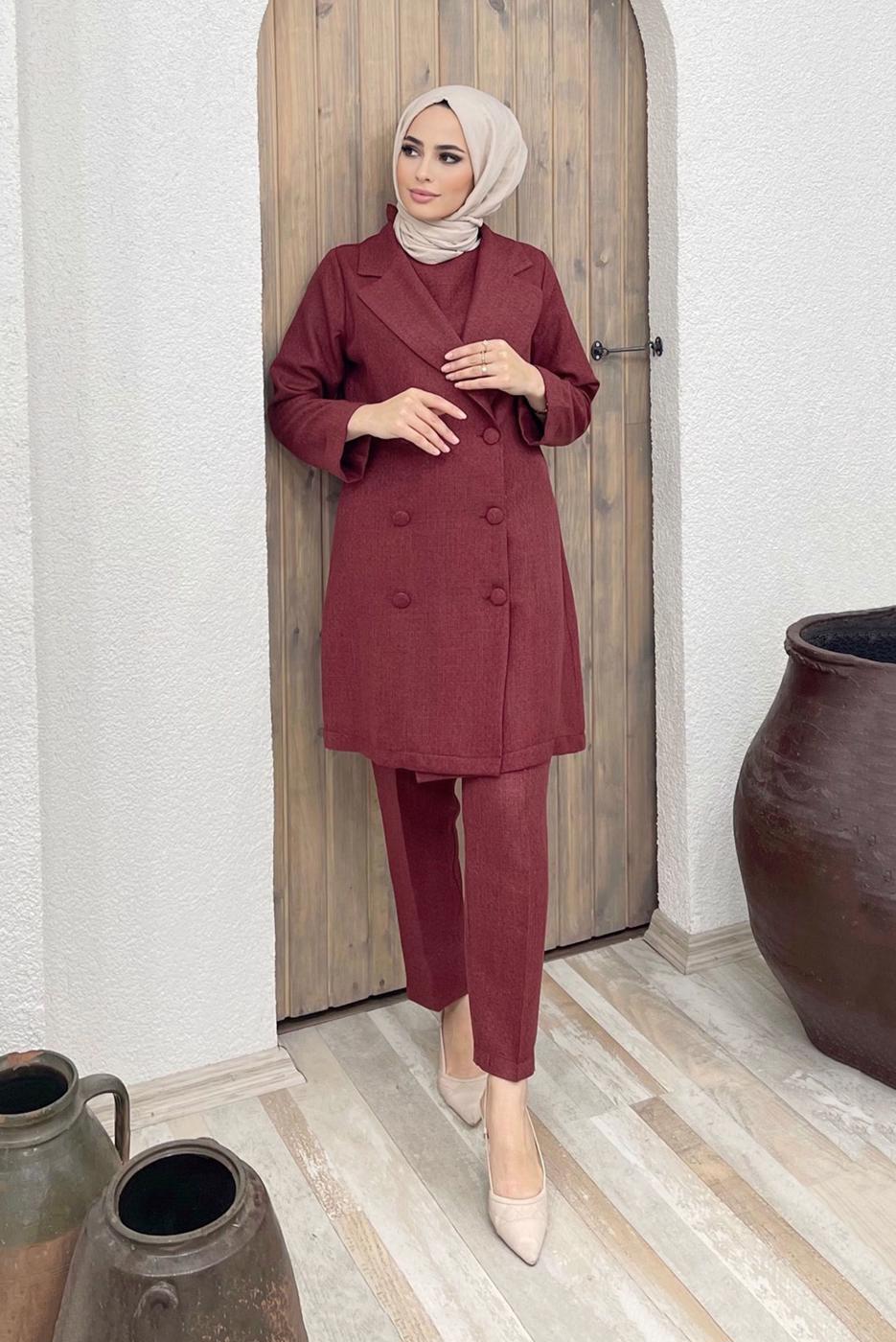 Tesettür giyim BORDO DÜĞME DETAYLI KRUVAZE YAKA İKİLİ PANT. TAKIM 8320 