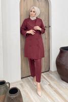 Tesettür giyim BORDO DÜĞME DETAYLI KRUVAZE YAKA İKİLİ PANT. TAKIM 8320 