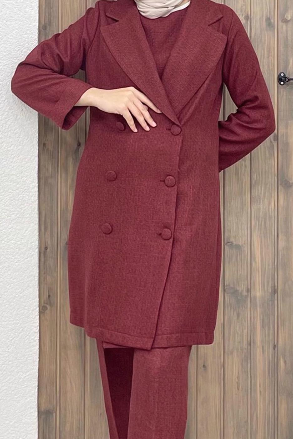 Tesettür giyim BORDO DÜĞME DETAYLI KRUVAZE YAKA İKİLİ PANT. TAKIM 8320 