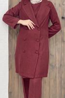 Tesettür giyim BORDO DÜĞME DETAYLI KRUVAZE YAKA İKİLİ PANT. TAKIM 8320 