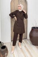 Tesettür giyim KAHVE DÜĞME DETAYLI KRUVAZE YAKA İKİLİ PANT. TAKIM 8320 