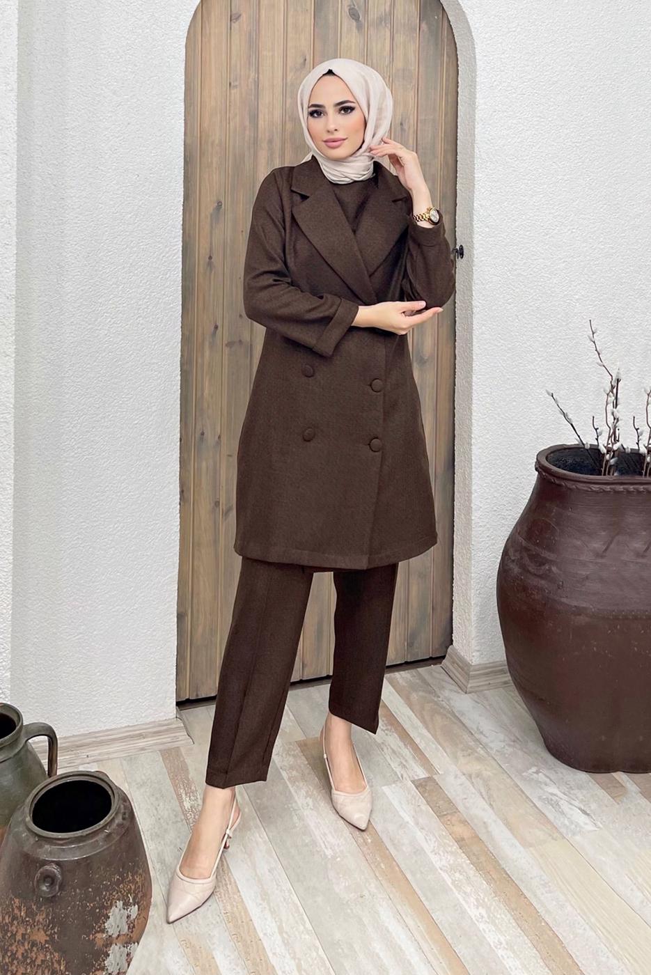 Tesettür giyim KAHVE DÜĞME DETAYLI KRUVAZE YAKA İKİLİ PANT. TAKIM 8320 