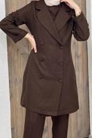 Tesettür giyim KAHVE DÜĞME DETAYLI KRUVAZE YAKA İKİLİ PANT. TAKIM 8320 