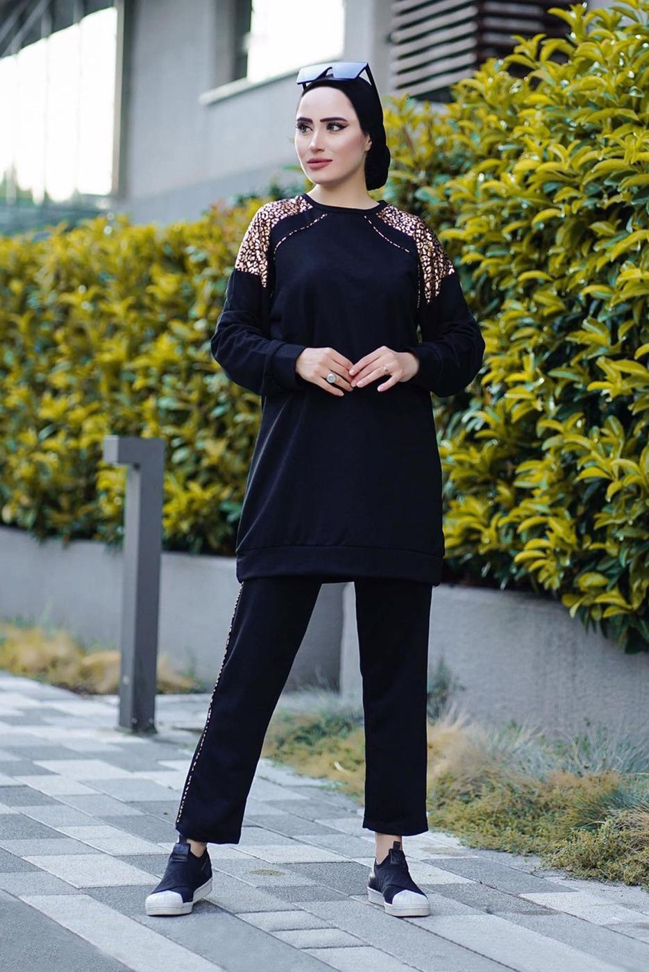 Hijab clothing BLACK LEOPARD PRINT DETAIL 2-PIECE PANTS SUIT 9186 