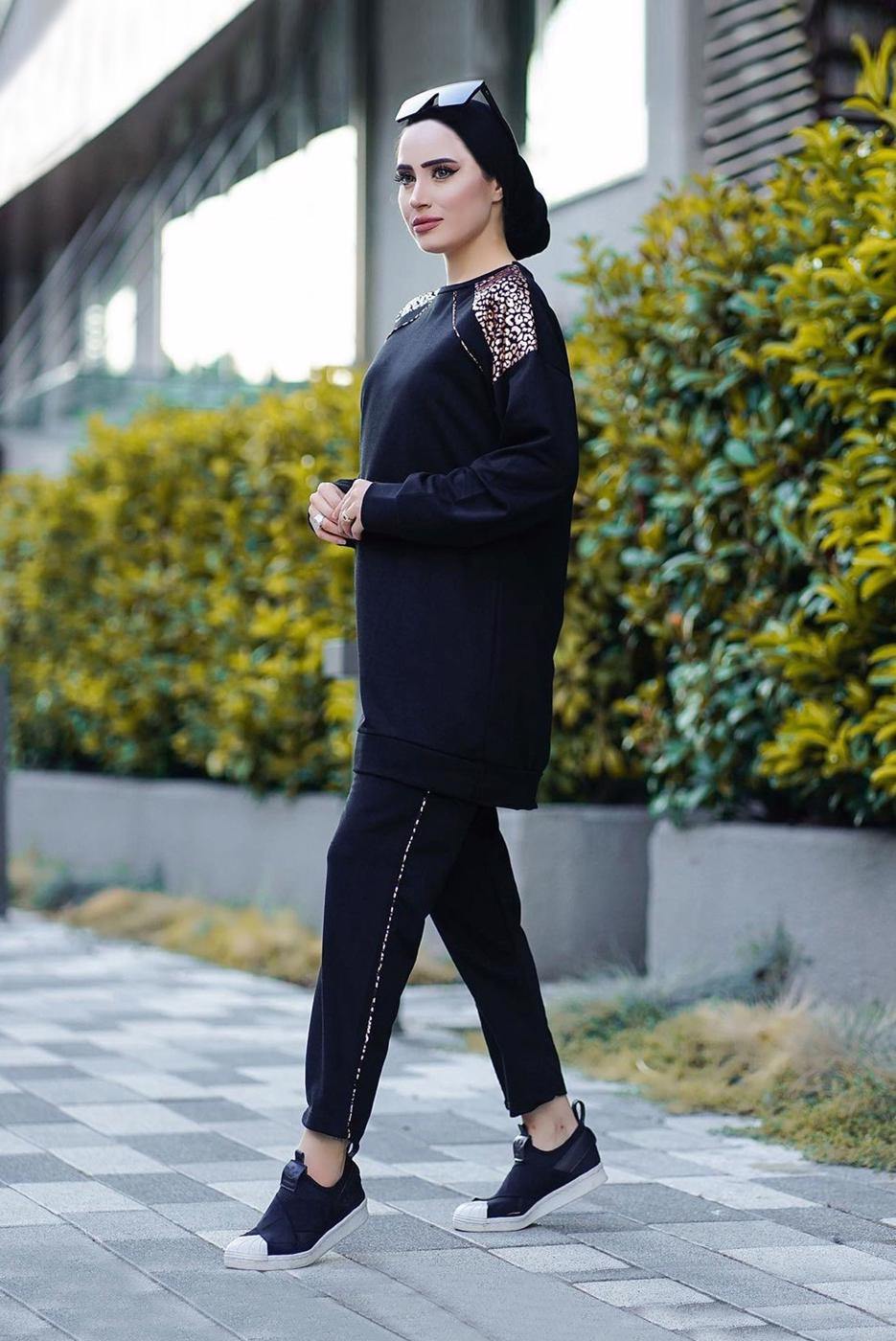 Hijab clothing BLACK LEOPARD PRINT DETAIL 2-PIECE PANTS SUIT 9186 