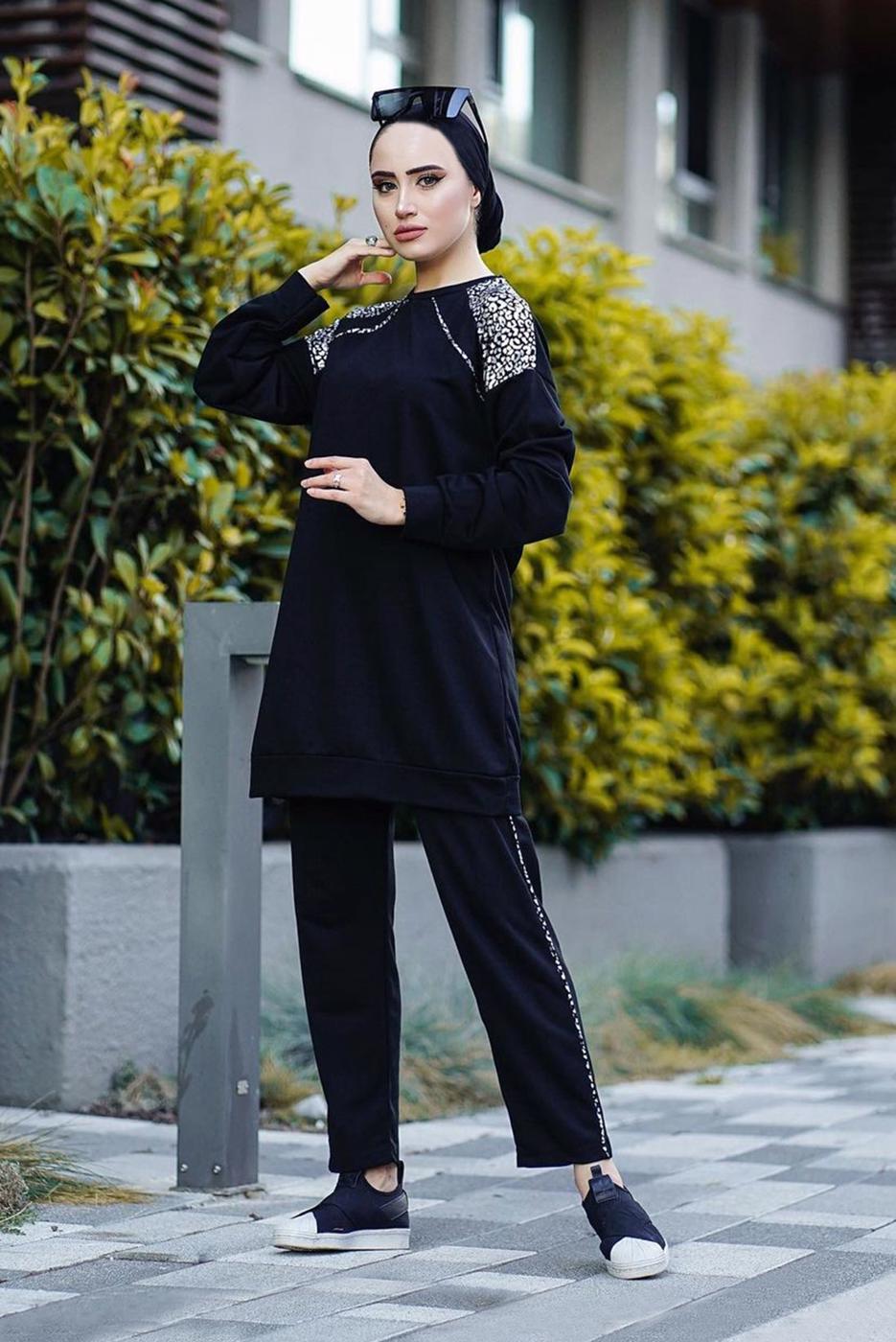 Tesettür giyim SİYAH OMUZLARI LEOPAR DESEN DETAYLI İKİLİ PANT. TAKIM 9186 