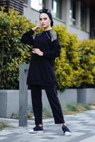 Tesettür giyim SİYAH OMUZLARI LEOPAR DESEN DETAYLI İKİLİ PANT. TAKIM 9186 