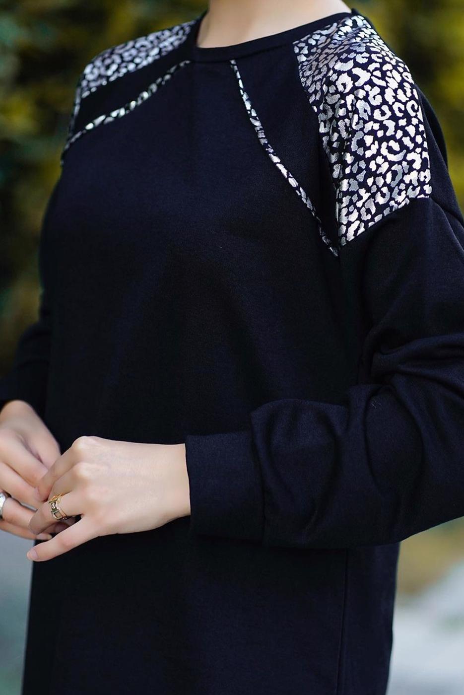 Tesettür giyim SİYAH OMUZLARI LEOPAR DESEN DETAYLI İKİLİ PANT. TAKIM 9186 