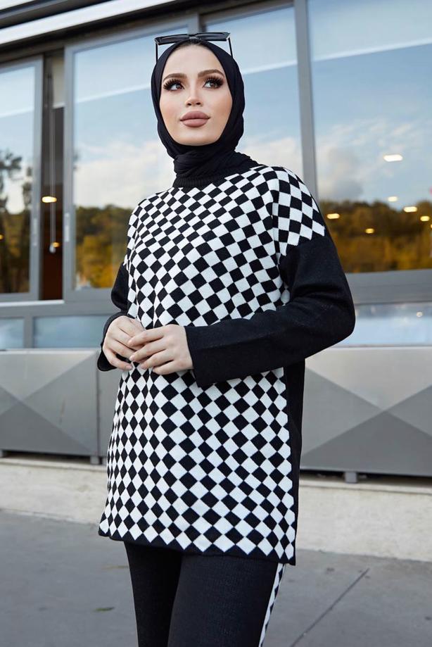 Vêtements hijab  GEOMETRIC PATTERN 2-PIECE KNITWEAR SUIT WITH PANTS 9204  - TRENDTESETTÜR