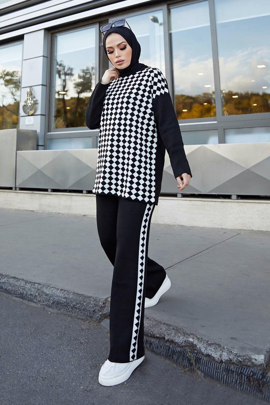 Vêtements hijab NOIR ENSEMBLE MAILLE 2 PIÈCES AVEC PANTALON À MOTIFS GÉOMÉTRIQUES 9204