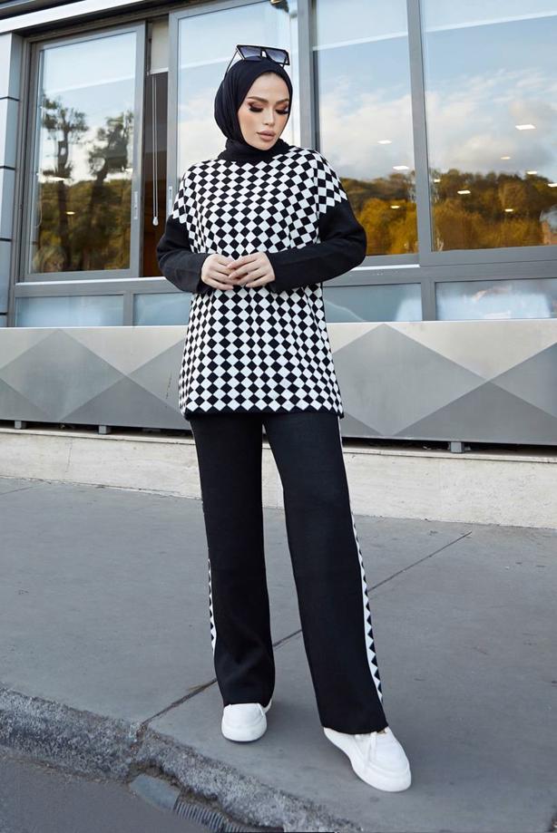 Vêtements hijab  GEOMETRIC PATTERN 2-PIECE KNITWEAR SUIT WITH PANTS 9204  - TRENDTESETTÜR