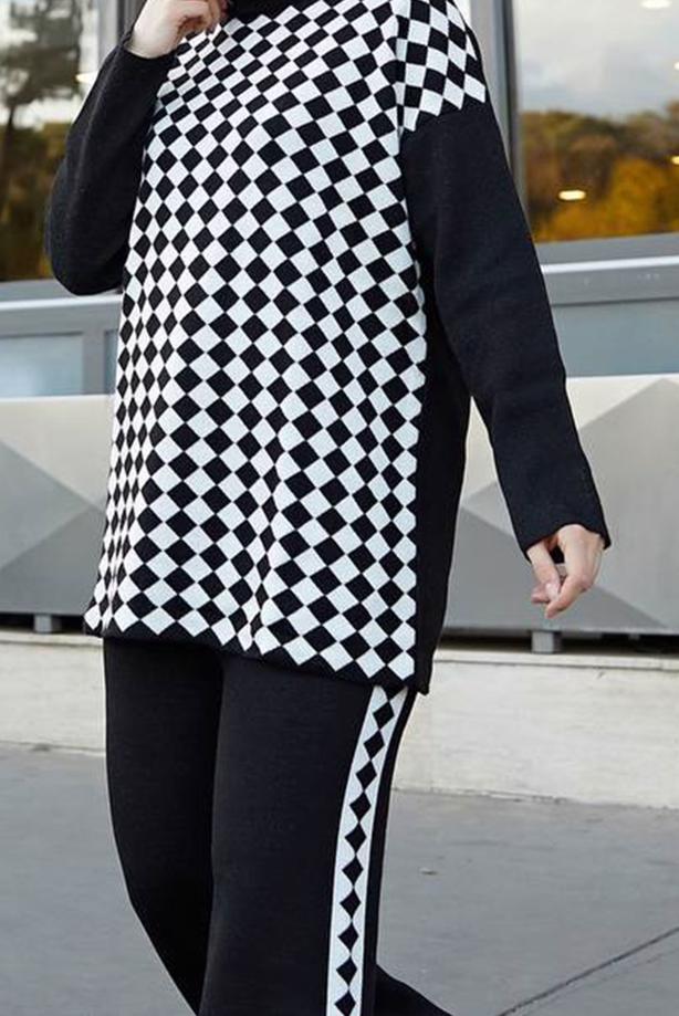 Vêtements hijab  GEOMETRIC PATTERN 2-PIECE KNITWEAR SUIT WITH PANTS 9204  - TRENDTESETTÜR