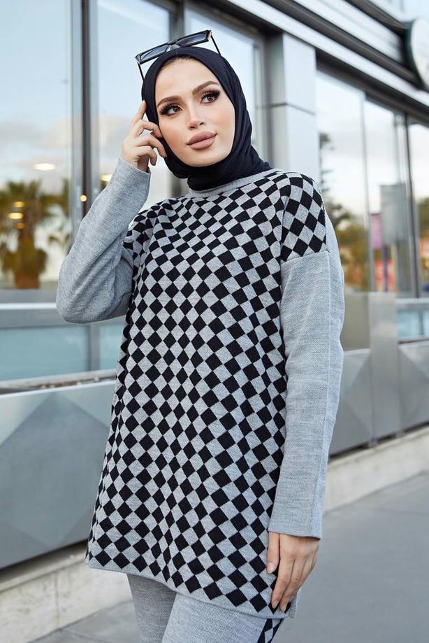 Vêtements hijab  GEOMETRIC PATTERN 2-PIECE KNITWEAR SUIT WITH PANTS 9204  - TRENDTESETTÜR