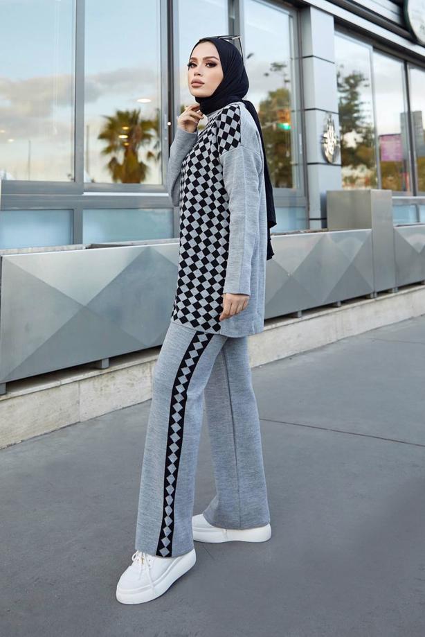 Vêtements hijab  GEOMETRIC PATTERN 2-PIECE KNITWEAR SUIT WITH PANTS 9204  - TRENDTESETTÜR