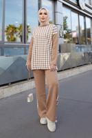 Hijab clothing BROWN GEOMETRIC PATTERN 2-PIECE KNITWEAR SUIT WITH PANTS 9204 