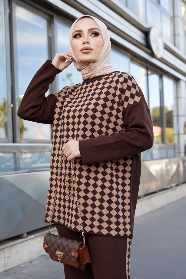 Vêtements hijab  GEOMETRIC PATTERN 2-PIECE KNITWEAR SUIT WITH PANTS 9204  - TRENDTESETTÜR