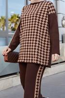 Vêtements hijab BRUN ENSEMBLE MAILLE 2 PIÈCES AVEC PANTALON À MOTIFS GÉOMÉTRIQUES 9204