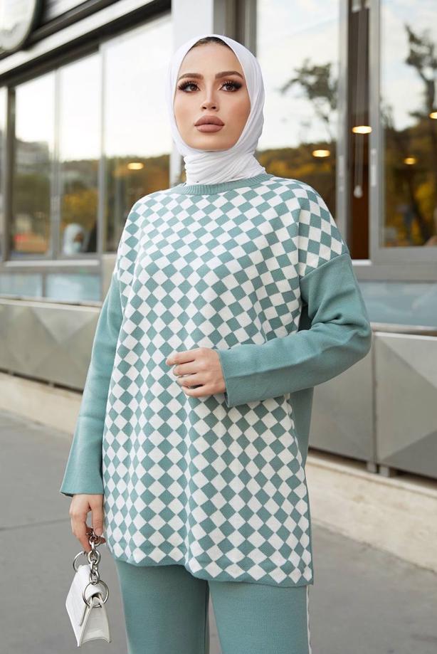 Vêtements hijab  GEOMETRIC PATTERN 2-PIECE KNITWEAR SUIT WITH PANTS 9204  - TRENDTESETTÜR