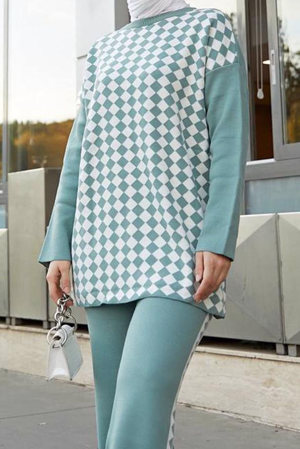 Vêtements hijab  GEOMETRIC PATTERN 2-PIECE KNITWEAR SUIT WITH PANTS 9204  - TRENDTESETTÜR