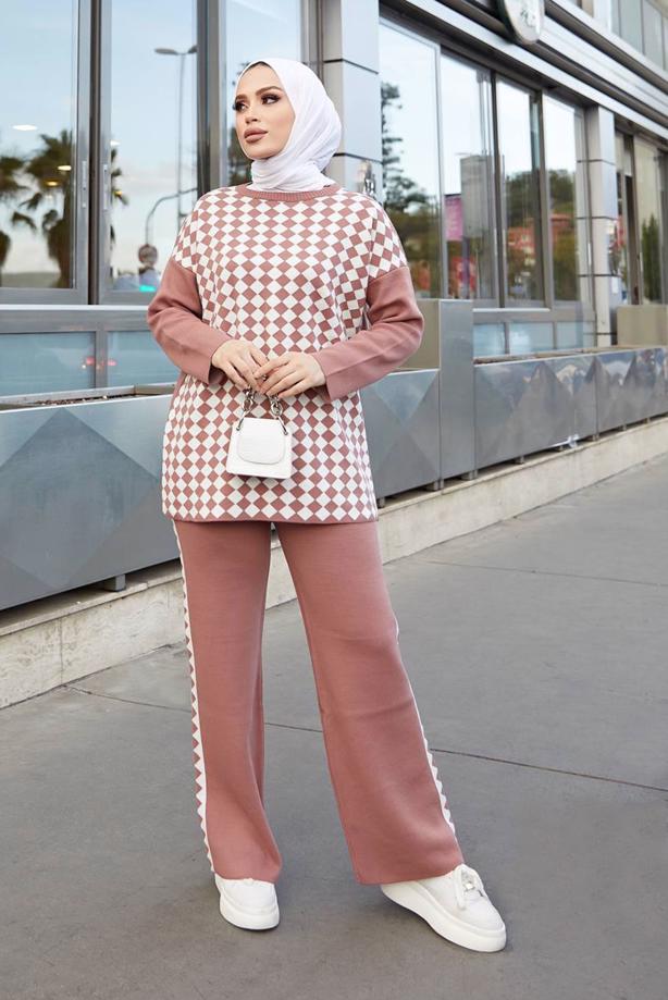 Vêtements hijab  GEOMETRIC PATTERN 2-PIECE KNITWEAR SUIT WITH PANTS 9204  - TRENDTESETTÜR