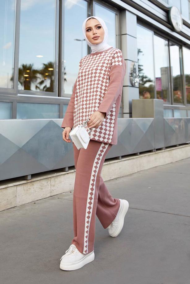 Vêtements hijab  GEOMETRIC PATTERN 2-PIECE KNITWEAR SUIT WITH PANTS 9204  - TRENDTESETTÜR