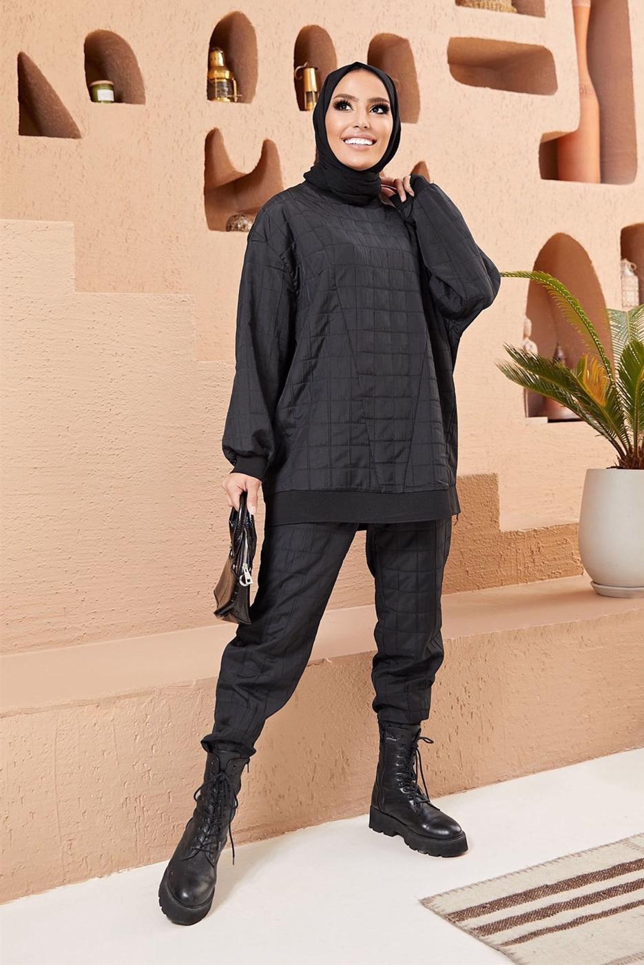 Tesettür giyim SİYAH KAPİTONE İKİLİ PANT. TAKIM 9320 