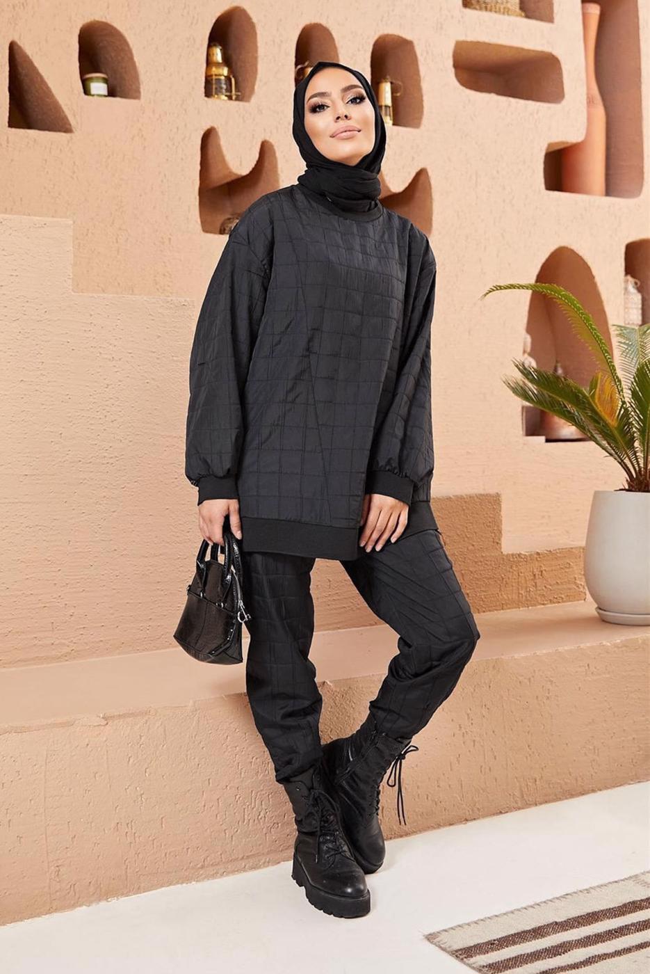 Tesettür giyim SİYAH KAPİTONE İKİLİ PANT. TAKIM 9320 