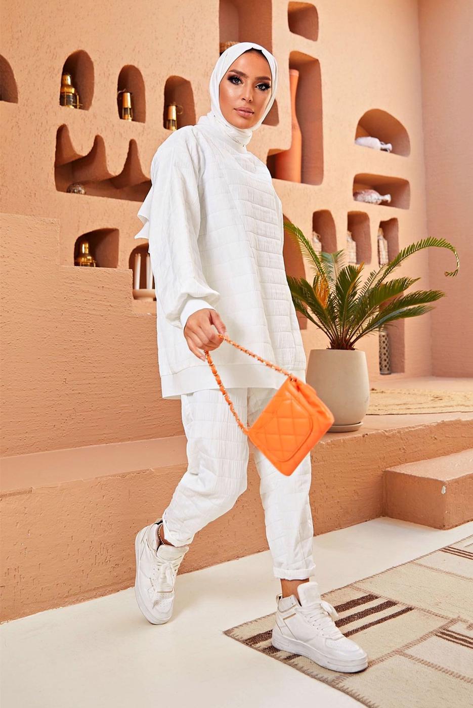 Tesettür giyim BEYAZ KAPİTONE İKİLİ PANT. TAKIM 9320 