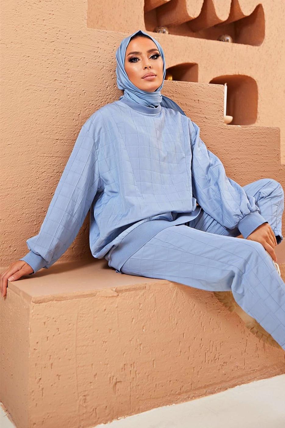 Tesettür giyim MAVİ KAPİTONE İKİLİ PANT. TAKIM 9320 