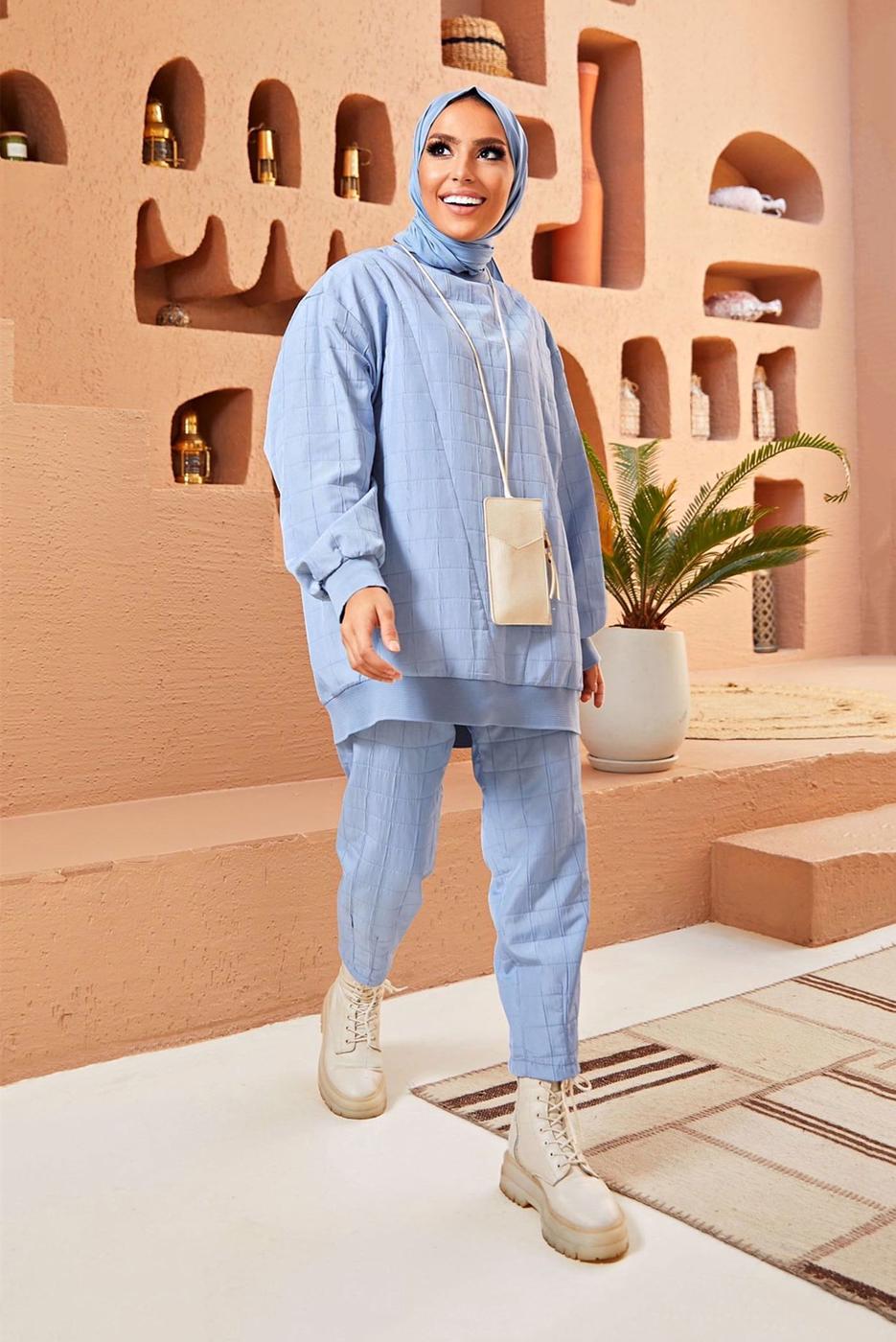 Tesettür giyim MAVİ KAPİTONE İKİLİ PANT. TAKIM 9320 